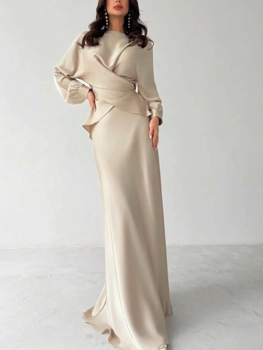 Elegant Apricot Satin Skirt and Top Set  - Women's Formal